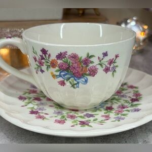 Vintage WS George Porcelain Tea Cup And Saucer Set Floral Ribbon Bolero Fiesta